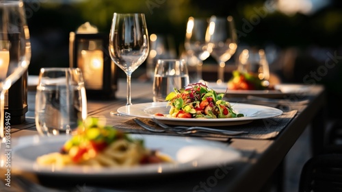 Dinner Setting With Food and Drinks on a Table in a Restaurant During Sunset