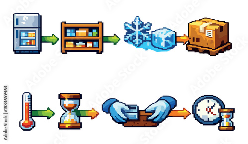 Refrigeration and cold chain icons showing handling workflow
