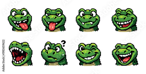 Green frog faces showing various expressions on gray backdrop