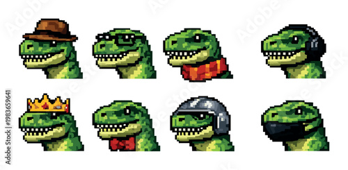 Dinosaur heads wearing accessories on muted green background