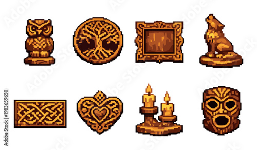 Carved decorative ornaments and figurines displayed on background