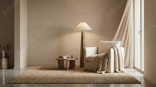 A cozy home interior featuring a premium reading nook with armchair, floor lamp, side table, textured rug, and flowing curtain in