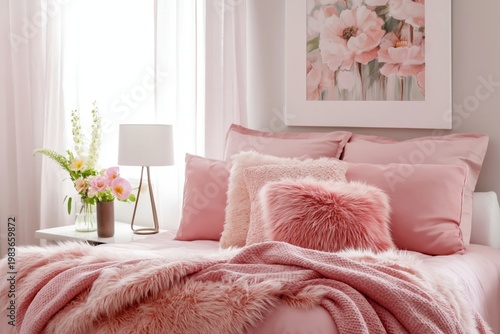 Cozy Bedroom Setting With Pink Decor and Floral Artwork Near the Window