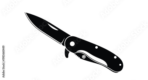 Black folding knife with an open blade starkly defined silhouette