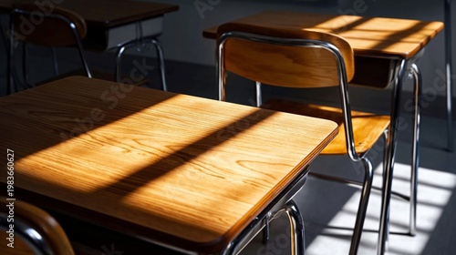 Sunlight Creates Patterns on a Wooden Desk in an Empty Classroom During After...