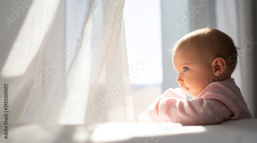 Baby Looks out the Window While Sitting on a White Surface During Daytime