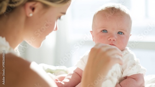 Mother Holds Baby in Bright Room During Day With Sunlight Shining