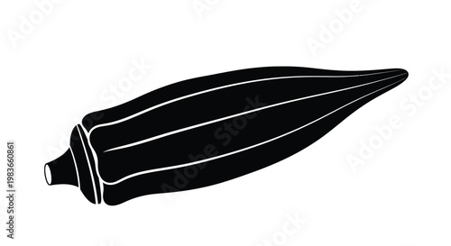 A striking black silhouette of a long ribbed okra pod