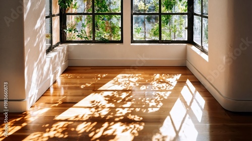 Light and Shadows Play on Wooden Floor in a Sunny Room With Large Windows and...
