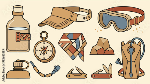 Outdoor Adventure Gear Vector Set with Hiking Backpack, Multi tool, Compass, and Camping Equipment