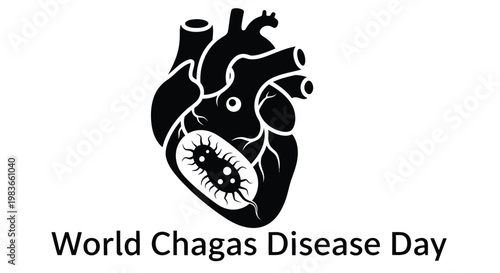 Black silhouette of a human heart with a parasite and text below