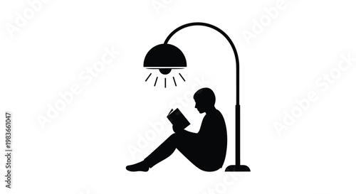 A person reading under a lamp depicted as a striking silhouette