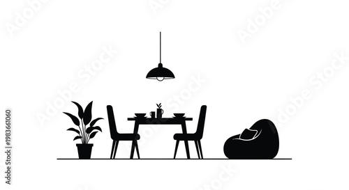 Minimalist dining room interior with furniture a plant and a silhouette