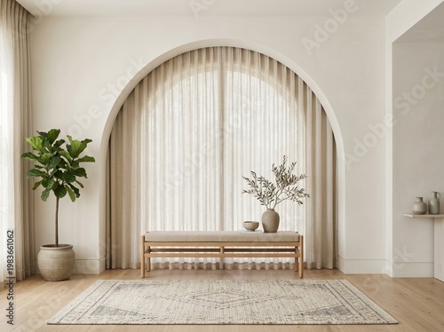 Front-facing view of an elegant empty room with a centered arch detail, a bench beneath, ceramic decor, rug, and curtain backdrop,