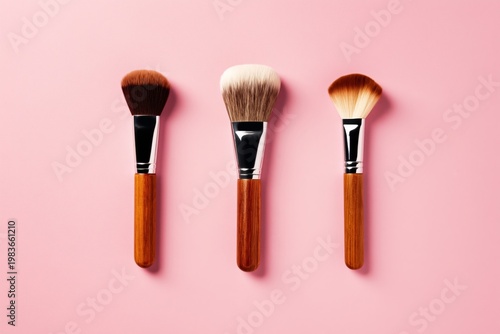 Different Types of Makeup Brushes on a Pink Background for Beauty and Cosmeti...