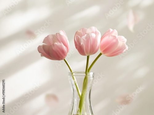 Three Pink Tulips in a Clear Vase With Sunlight Shining Through