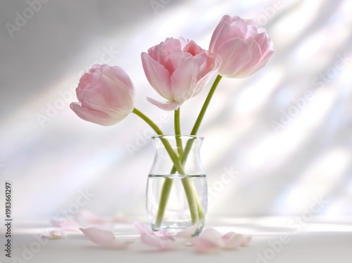 Pink Tulips in a Glass Vase With Soft Light Shining Through