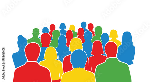 A vibrant collection of colorful human figures densely packed and overlapping creates a dynamic visual representation of community depicted as a silhouette high quality