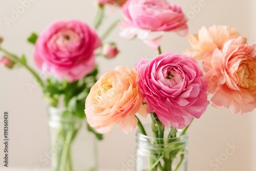 Colorful Ranunculus Flowers in Glass Vases on a Light Background for Decoration