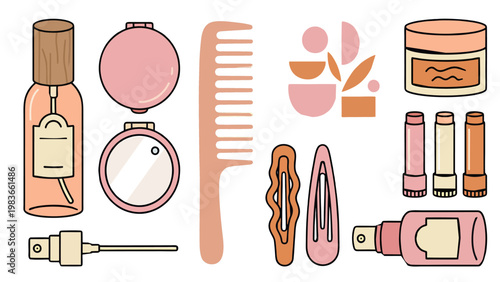 Beauty and Personal Care Vector Set. Makeup Accessories, Skin Care and Hair Styling Tools Icon