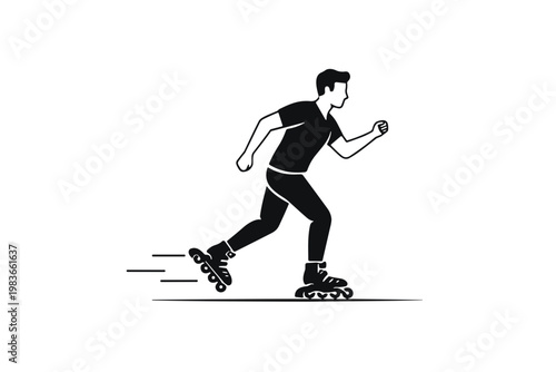 A man rollerblading energetically on a light gray background