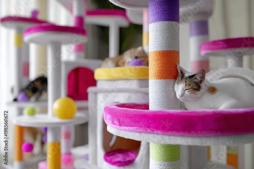 Cats resting in multilevel condo inside modern boarding facility