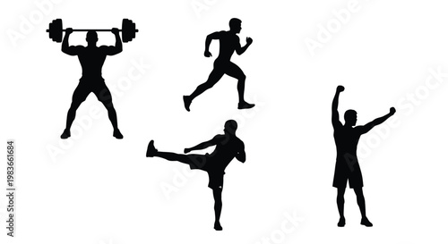 Athletic figures in various poses showcasing strength and dynamic motion silhouette