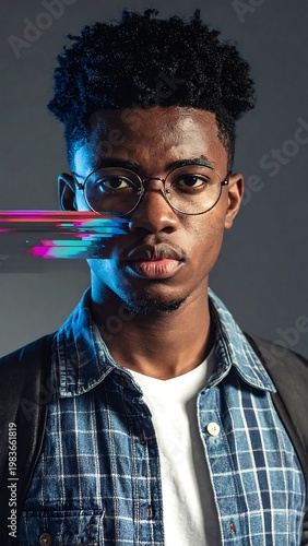 A young man with glasses and a plaid shirt has colorful streaks