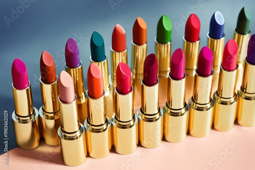 Collection of Lipsticks in Various Colors Arranged on a Table With a Bright B...