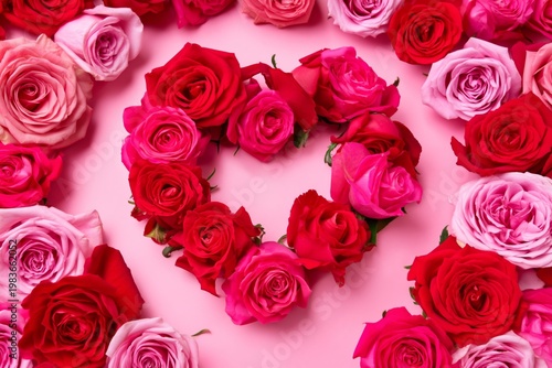 Heart Shape Made of Red and Pink Roses on a Pink Background During Daylight