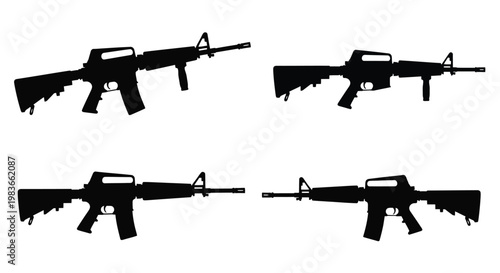 Four black silhouettes of assault rifles against a white background silhouette