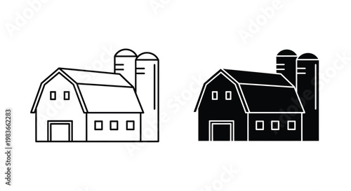 Farm buildings with silos depicted in a black and white silhouette