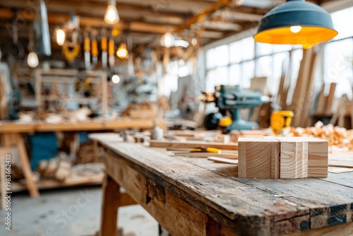 Wooden blocks on workbench in busy carpentry workshop with tools and lumber