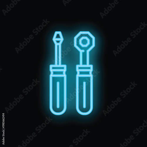 Blue neon sign depicting a screwdriver and a ratchet wrench, perfect for illustrating a hardware store or a diy project