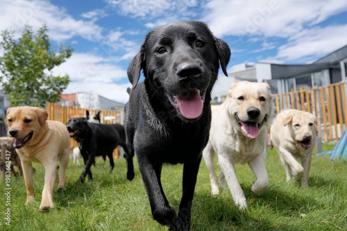 Dogs running playfully in outdoor fenced pet daycare yard on sunny day
