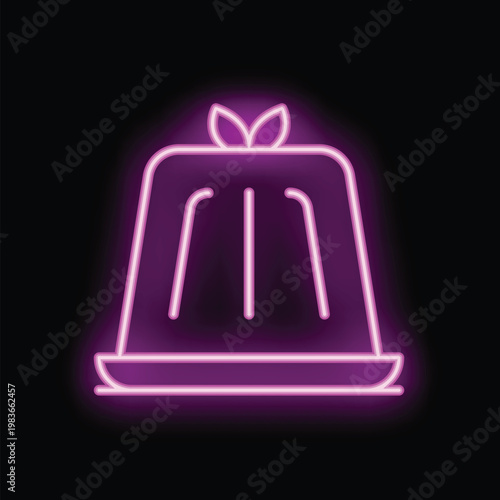 Neon icon of jelly dessert with decoration on top glowing on dark background