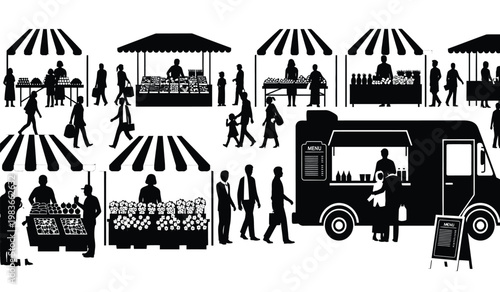 A bustling outdoor market scene displays numerous vendor stalls people shopping and a food truck all rendered as a striking silhouette high quality professional