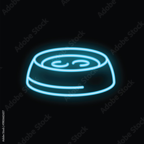 Blue neon icon of pet food bowl glowing on black background