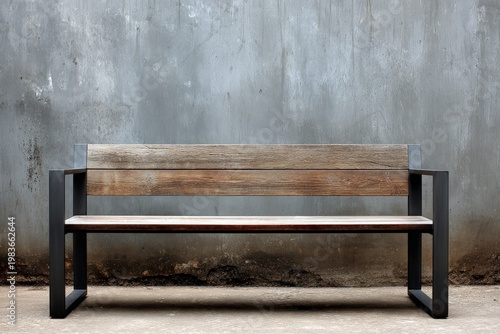 Modern wooden bench with metal frame positioned against weathered concrete wall