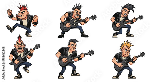 Cartoon punk rocker musicians with instruments isolated on white background