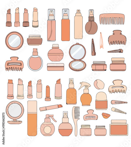 Beauty and Cosmetics Product Set with Makeup Skincare and Hair Accessories Vector