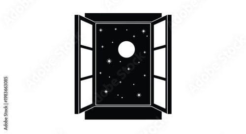 Open window reveals a starry night sky and full moon silhouette