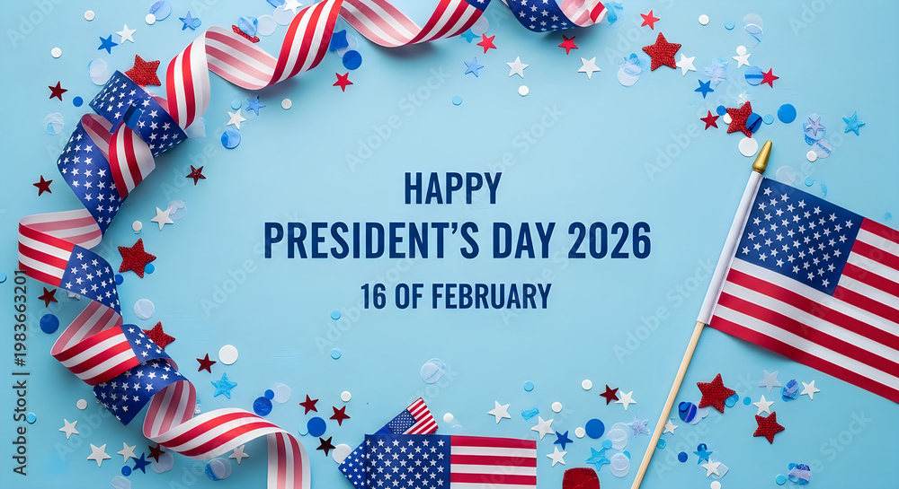 Obraz premium Presidents Day 2026 celebration with American flags, stars, and festive patriotic decorations on light blue background