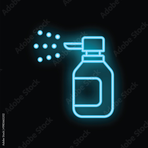 Blue neon medical spray bottle glowing on dark background
