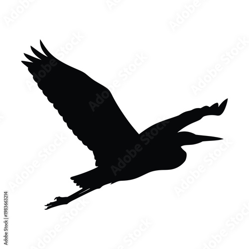 Heron bird silhouette flying with wings spread widely isolated on white background.