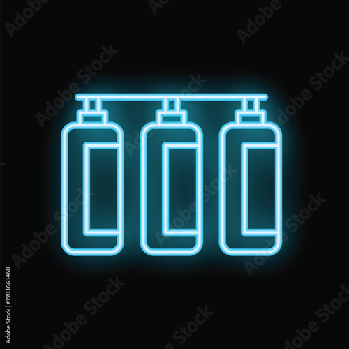 Blue glowing neon line water filter icon isolated on black background. System for filtration of water. Reverse osmosis system