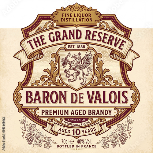 Vintage engraved label for premium drink featuring brandy from France with detailed design and fine liquor distillation established in 1888