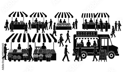 A bustling outdoor farmers market scene depicts vendors selling produce and goods to customers presented as a distinct silhouette high quality professional detailed modern