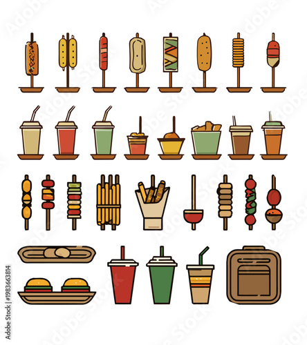 Fast Food and Takeaway Drink Icon Set with BBQ Skewers and Snacks Vector. Popular street food flat design style