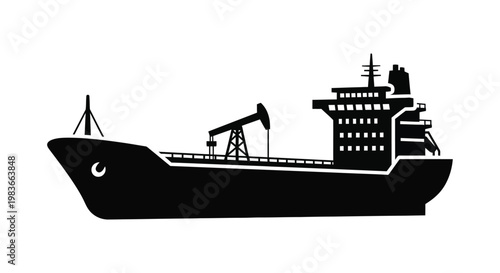 A stark black silhouette depicts an oil tanker and offshore drilling rig at sea showcasing industrial maritime activity silhouette high quality professional detailed modern